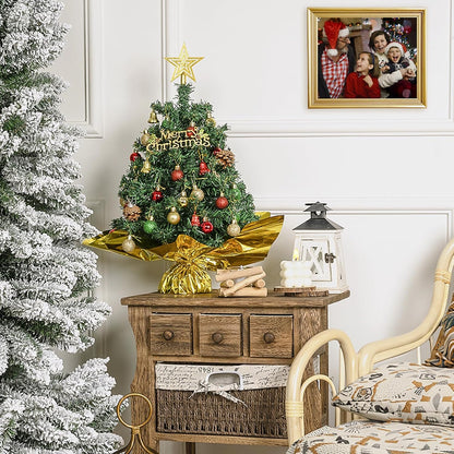 XmasExp 20" Tabletop Mini Christmas Tree Set with 2 LED Lights, Star Treetop,Ornaments Balls,Bells and Pine Cones,Best DIY Christmas Decorations Green