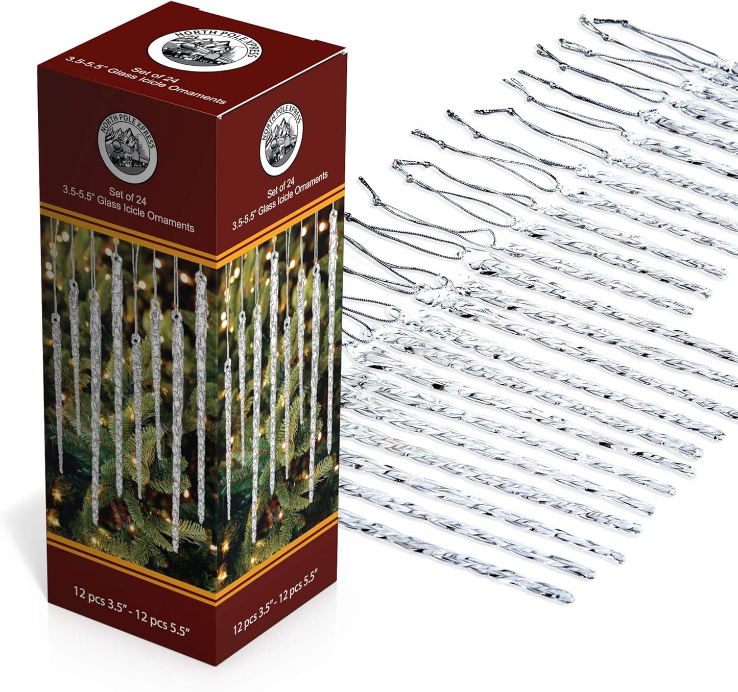 Twisted Clear Glass Icicle Christmas Ornaments for Christmas Trees - Set of 24 Icicles Christmas Tree Decorations - Christmas Tree Ornaments Perfect for White Or Silver Crystal Winter Frost Look!