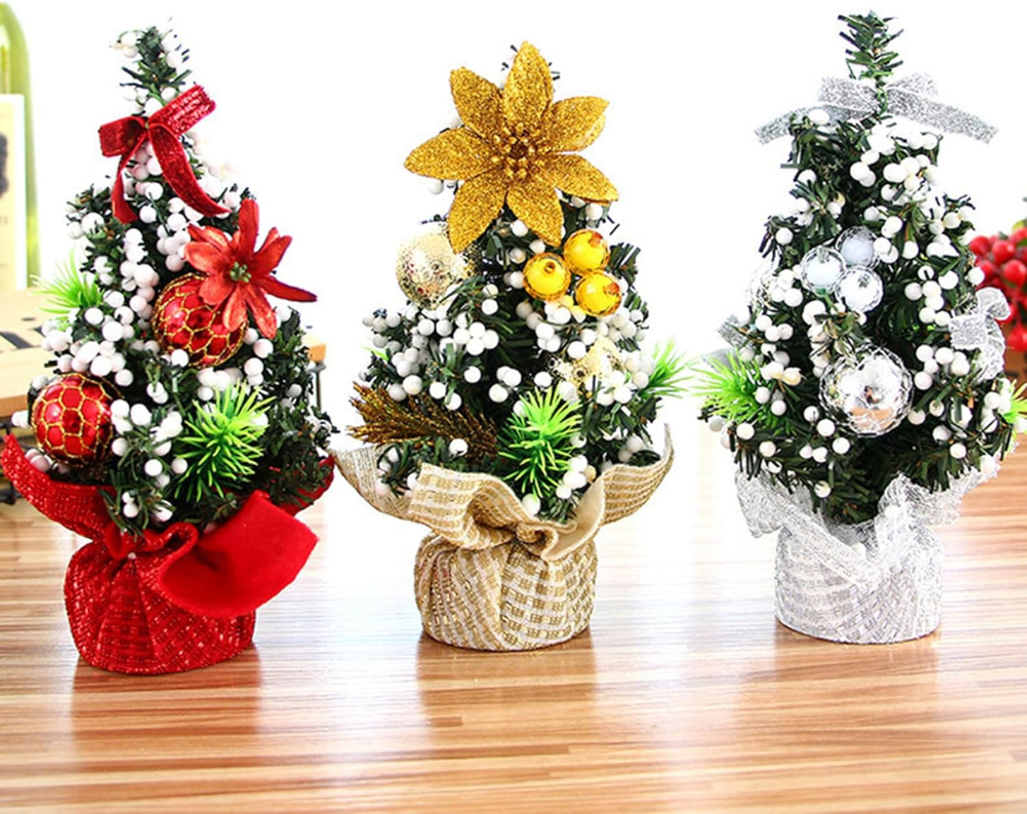 3Pieces Mini Christmas Tree 3 Color 7.87 Inch Self-Standing Tabletop Christmas Tree with Ornaments Decorative PVC Christmas Tree for Home, Office, Mantel, Mall