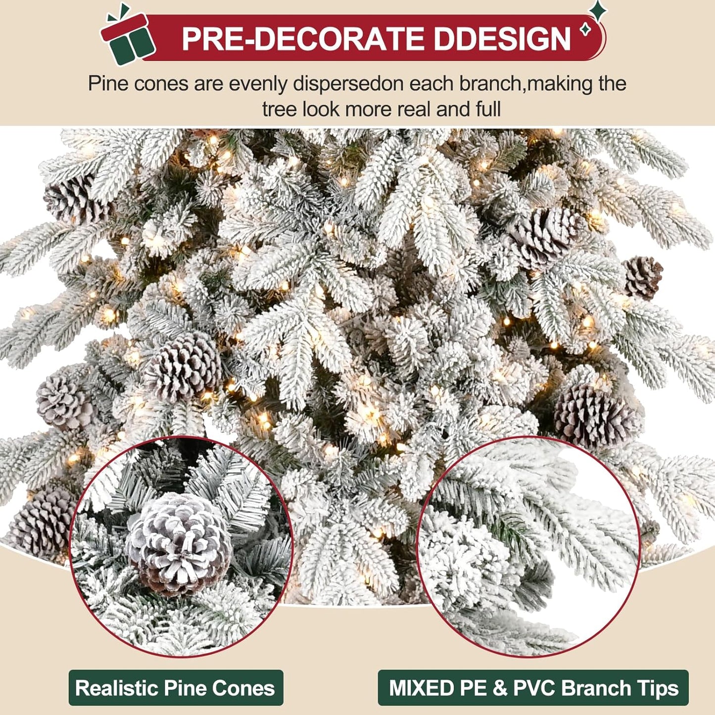 4 FT Pre-Lit Snow Flocked Slim Fir Christmas Tree with 455 PE & PVC Mixed Branch Tips,Artificial Skinny Pencil Xmas Tree with 200 Warm-White Lights & 19 Pine Cones,Hinged Pine Tree with Metal Stand