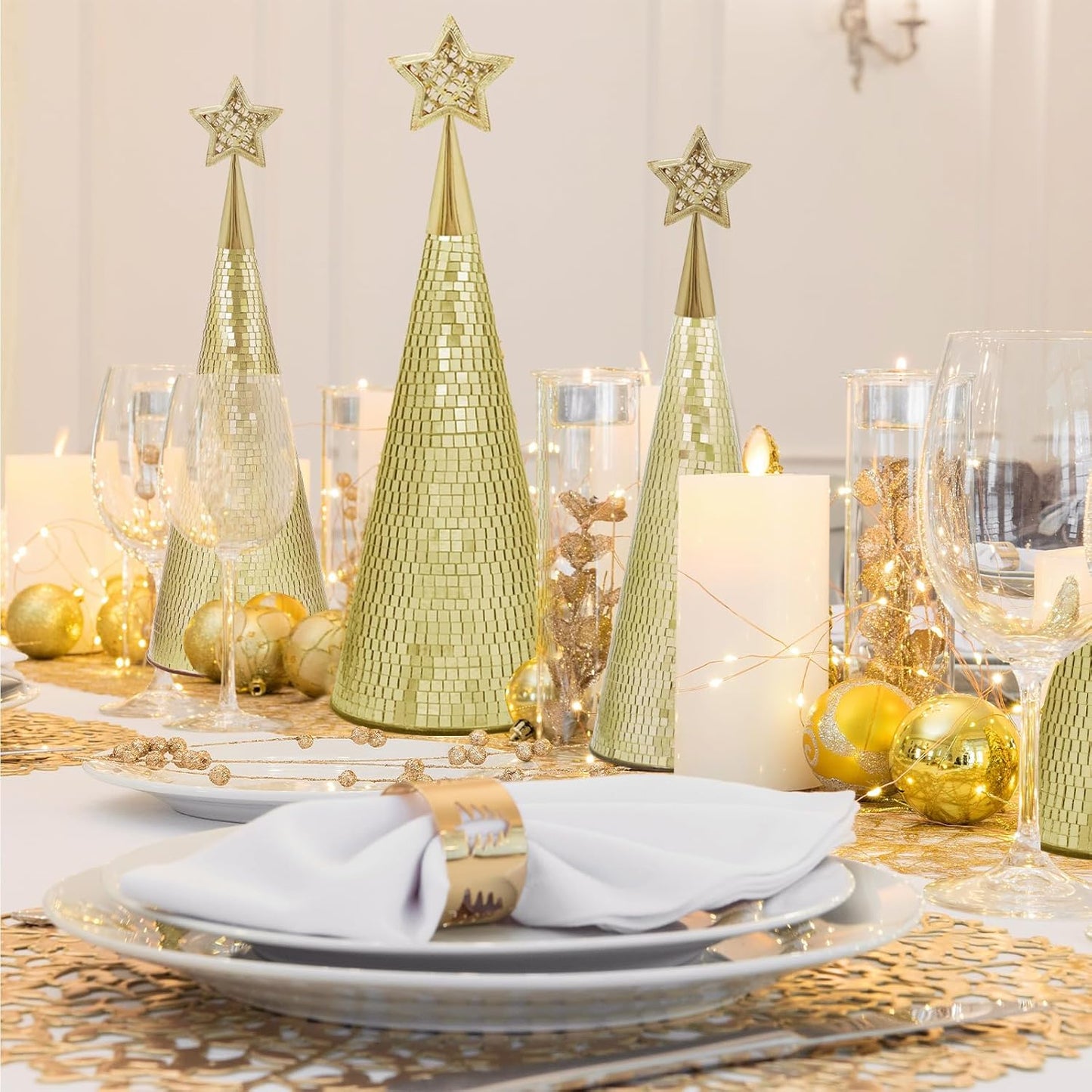 Gold Glass Trees Set of 6, 17" 15" 13" Small Tabletop Christmas Tree Handmade Disco Decor for Xmas Table Party Centerpiece Decoration
