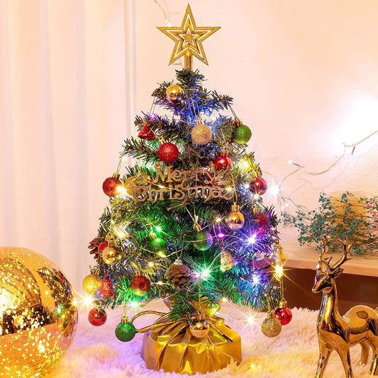 XmasExp 20" Tabletop Mini Christmas Tree Set with 2 LED Lights, Star Treetop,Ornaments Balls,Bells and Pine Cones,Best DIY Christmas Decorations Green