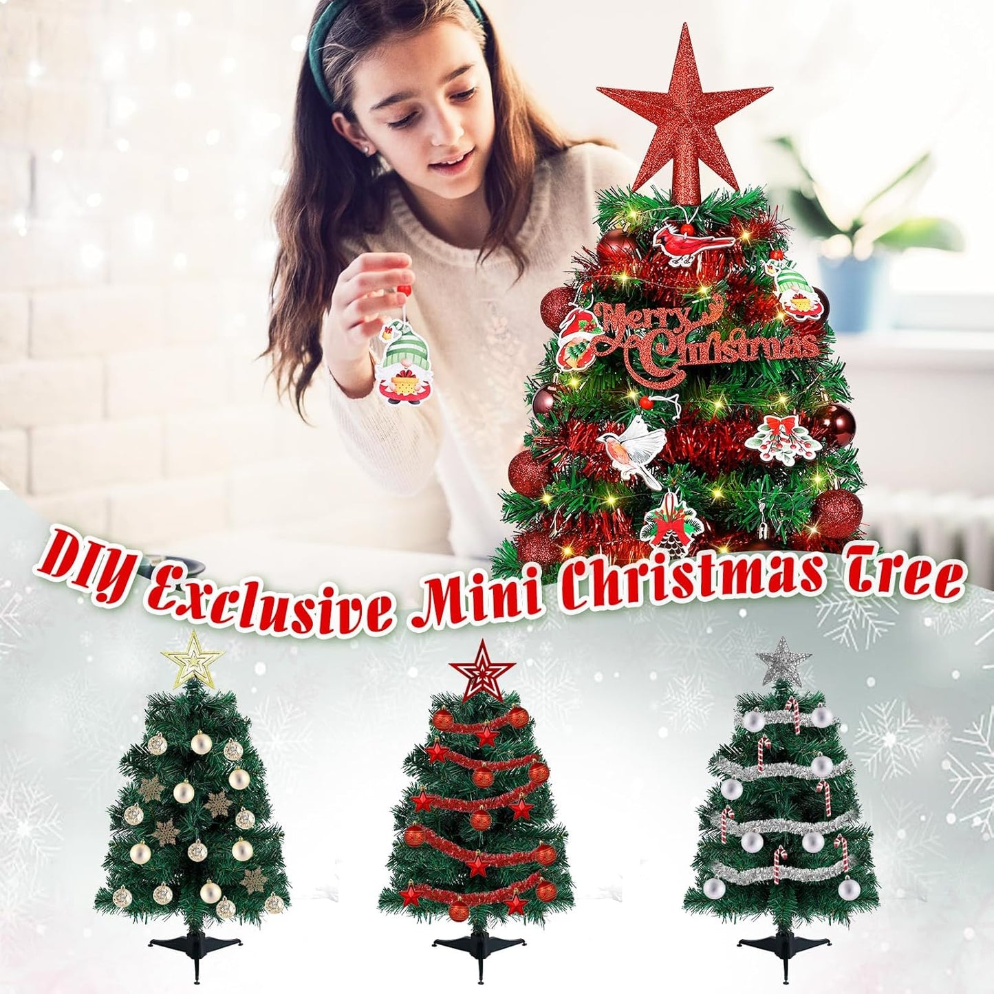 24 Inch Artificial Tabletop Mini Christmas Tree Green, Small Xmas Tree with String Lights and Ornaments for Home Desk Holiday DIY Christmas Decoration