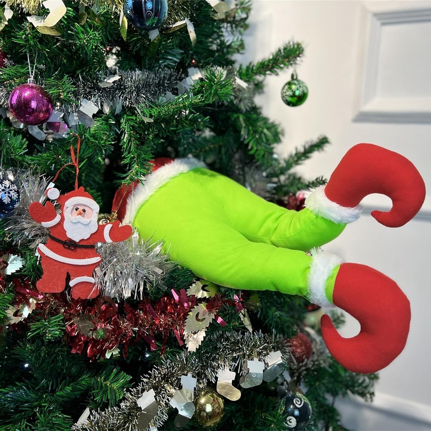 Christmas Elf Body Tree Decorations, Christmas Green Monster Stole Xmas Tree Topper, Pose-able Christmas Elf Stuffed Leg Arm and Head for Christmas Tree Hanging Oranemet