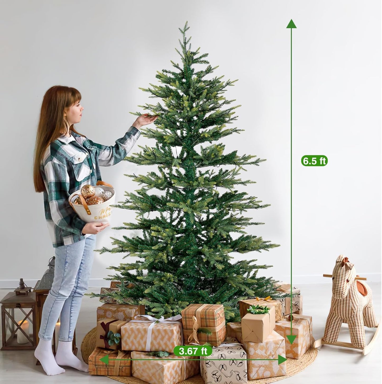 6.5 ft Pre-lit Christmas Tree - Easy to Assemble 3-Piece Design Christmas Decorations for Festive Home DIY Decor Aspen Fir Tree Modeling Spruce with LED Light, 1360 Branch Tips Xmas Tree