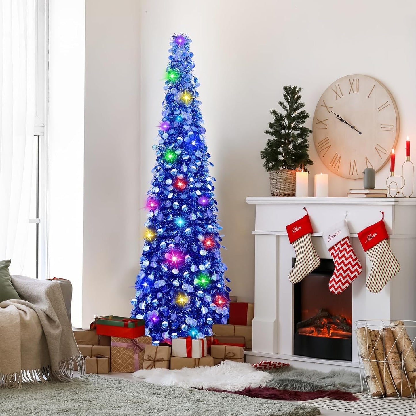 MACTING 5FT Christmas Tree with Lights, Easy-Assembly Pop Up Tinsel Tree, Glittery Collapsible Pnecil Tree for Home Holiday Party Winter Porch Apartment Indoor Outdoor Xmas Decor(Blue)