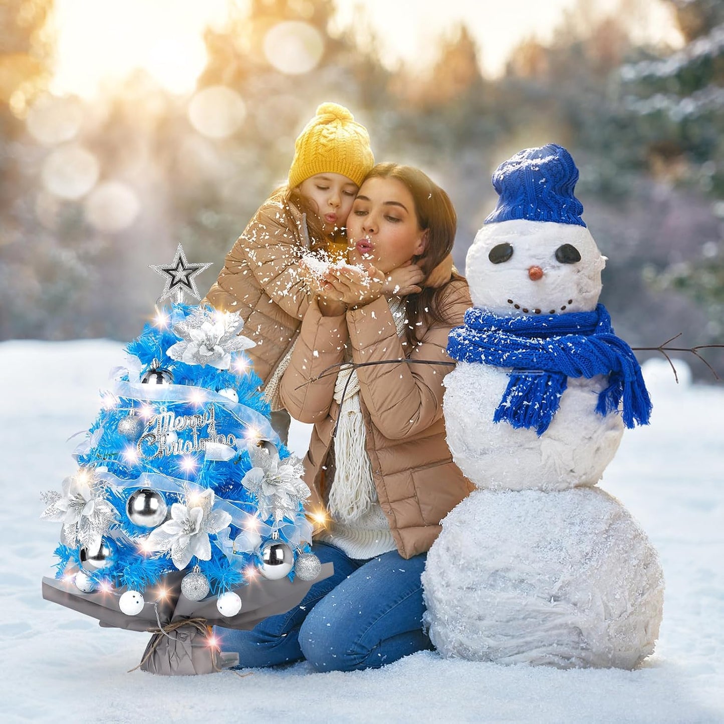 Mini Christmas Tree with Lights: 2ft Small Blue Christmas Tree, Tabletop Artificial Xmas Tree with Star Treetopper, LED String Light & Hanging Ornaments, for Desk Christmas Decors Home Office Party