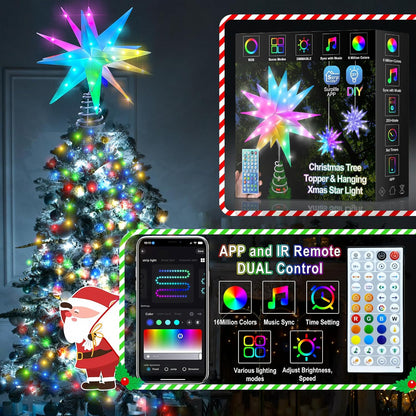 Christmas Star Tree Topper, 13Inch Smart Lighted Treetop Christmas Tree Decorations, Bluetooth App Control Music Sync Color Changing LED Christmas Light with Remote, Indoor and Outdoor