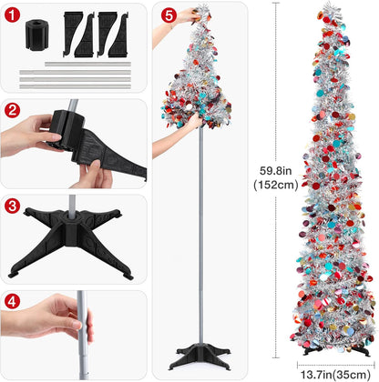 Christmas Tree, 5Ft Artificial Christmas Tree Decorations Pencil Xmas Tree for Home Party Office Fireplace Holiday Decorations (Silver)