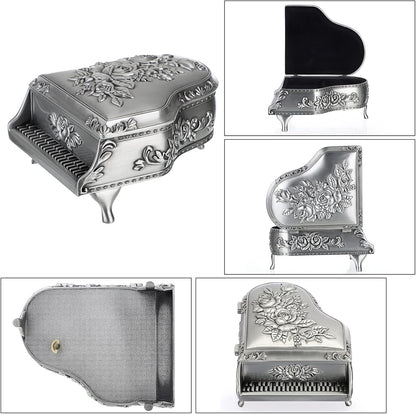 ELLDOO Vintage Piano Music Box, Silver Metal Wind Up Musical Jewelry Box Keepsake Box, Small Trinket Jewelry Storage Box Gift for Girl Women (Tune: You are My Sunshine)