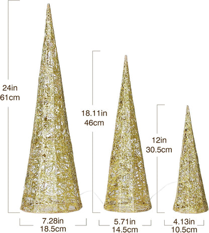 Lewondr Christmas Cone Trees, Set of 3 Christmas Tree with Lights and Glitters(24"/18"/12"), Battery Powered Decorative Winding Thread Outdoor Cone Christmas Tree for Home Holiday Xmas Décor, Gold
