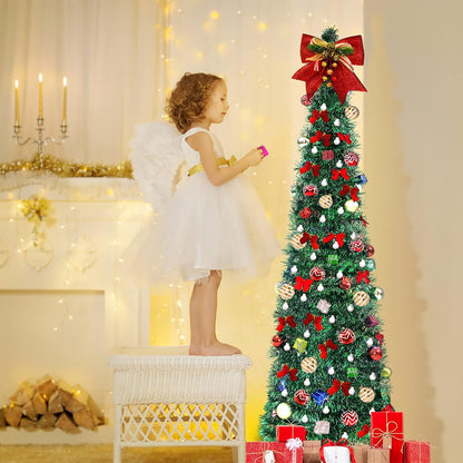FHOZGECY Pop Up Christmas Tree, 5FT Collapsible Christmas Tree with 30 LED Multicolor Lights, Tinsel Pencil Christmas Tree with Ball Bowknot Gift Box for Indoor, Party, Xmas, Home,Office Decor
