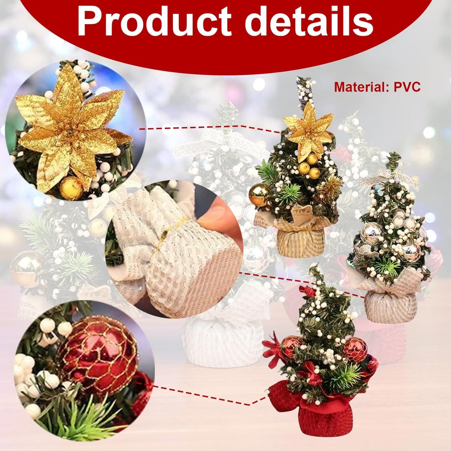 3Pieces Mini Christmas Tree 3 Color 7.87 Inch Self-Standing Tabletop Christmas Tree with Ornaments Decorative PVC Christmas Tree for Home, Office, Mantel, Mall