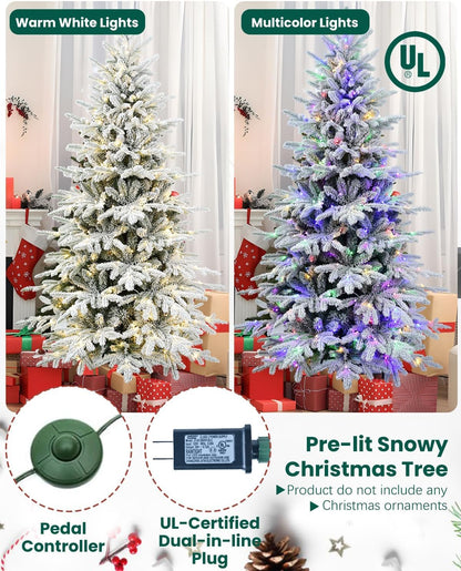 Artificial Christmas Tree with Lights - Leheyhey 6ft Flocked Christmas Tree Prelit - Halloween Christmas Tree for Home Office Store, Holiday Decoration - 1582 PE & PVC Mixed Branch Tips