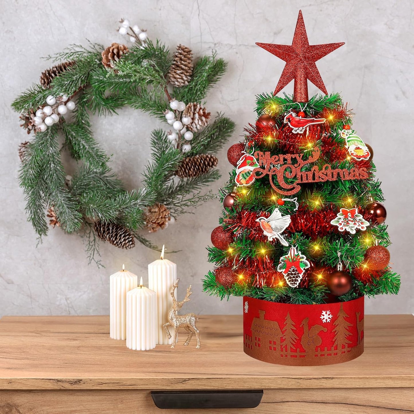 24 Inch Artificial Tabletop Mini Christmas Tree Green, Small Xmas Tree with String Lights and Ornaments for Home Desk Holiday DIY Christmas Decoration
