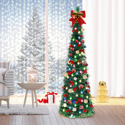 FHOZGECY Pop Up Christmas Tree, 5FT Collapsible Christmas Tree with 30 LED Multicolor Lights, Tinsel Pencil Christmas Tree with Ball Bowknot Gift Box for Indoor, Party, Xmas, Home,Office Decor