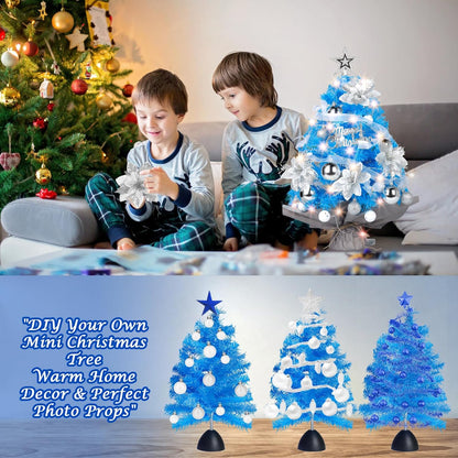Mini Christmas Tree with Lights: 2ft Small Blue Christmas Tree, Tabletop Artificial Xmas Tree with Star Treetopper, LED String Light & Hanging Ornaments, for Desk Christmas Decors Home Office Party
