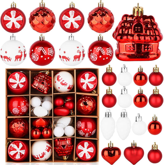 Christmas Tree Ornaments,40ct Christmas Ball Decoration Set,11 Different Christmas Ornaments,Red and White Classic Color Christmas Tree Decorations, Shatterproof Christmas Decorations