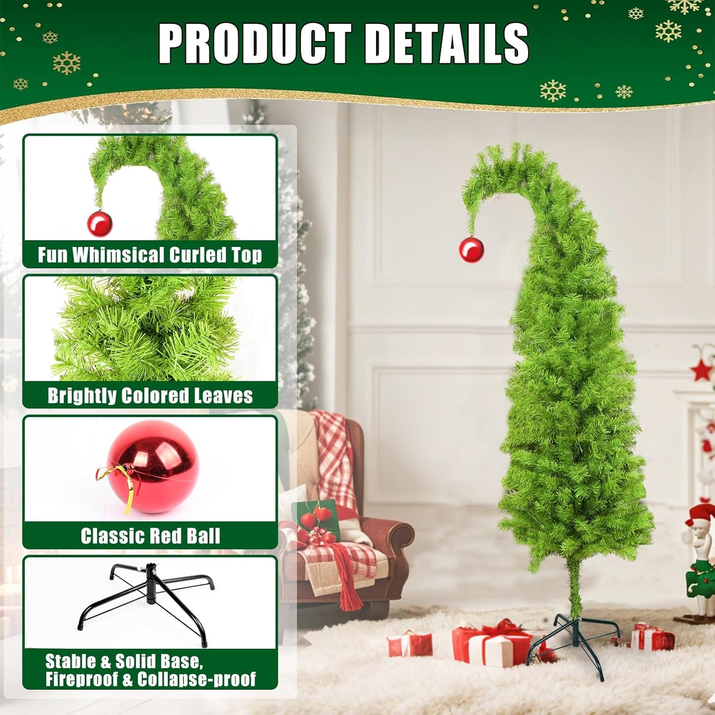 6FT Lime Green Christmas Tree Bendable Artificial Christmas Tree Whimsical Christmas Tree for Indoor Christmas Party Decor Whimsical Decor
