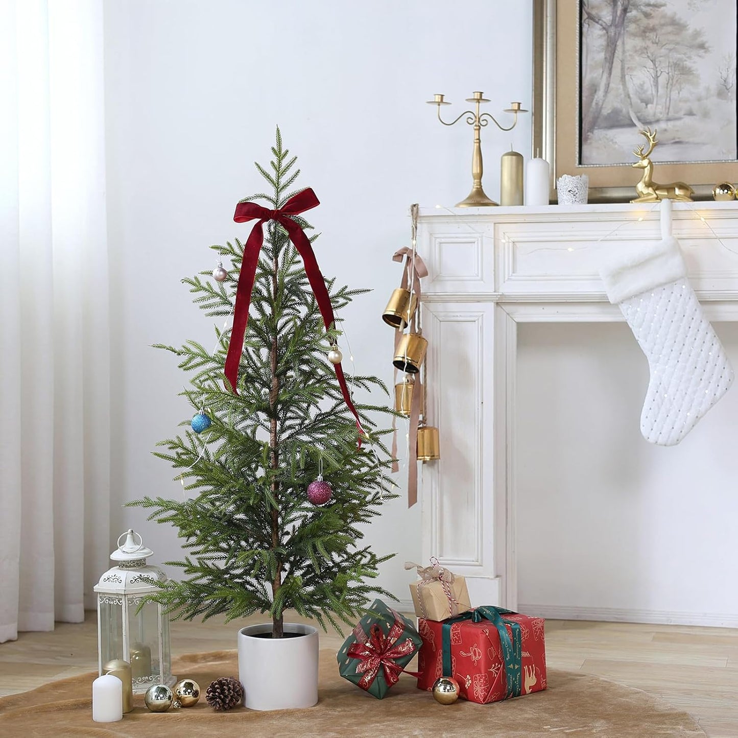 4ft Christmas Norfolk Pine Tree Artificial Christmas Tree Faux Potted Plants for Front Porch Christmas Indoor Outdoor Decor