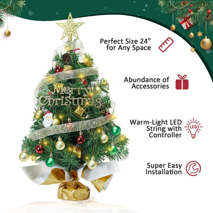 Small Mini Table top Christmas Tree with 50 LED Lights 24 Inch /2FT Little Prelit Christmas Tree Decorated Gift Boxes and Hanging Ornaments for DIY Christmas Decoration