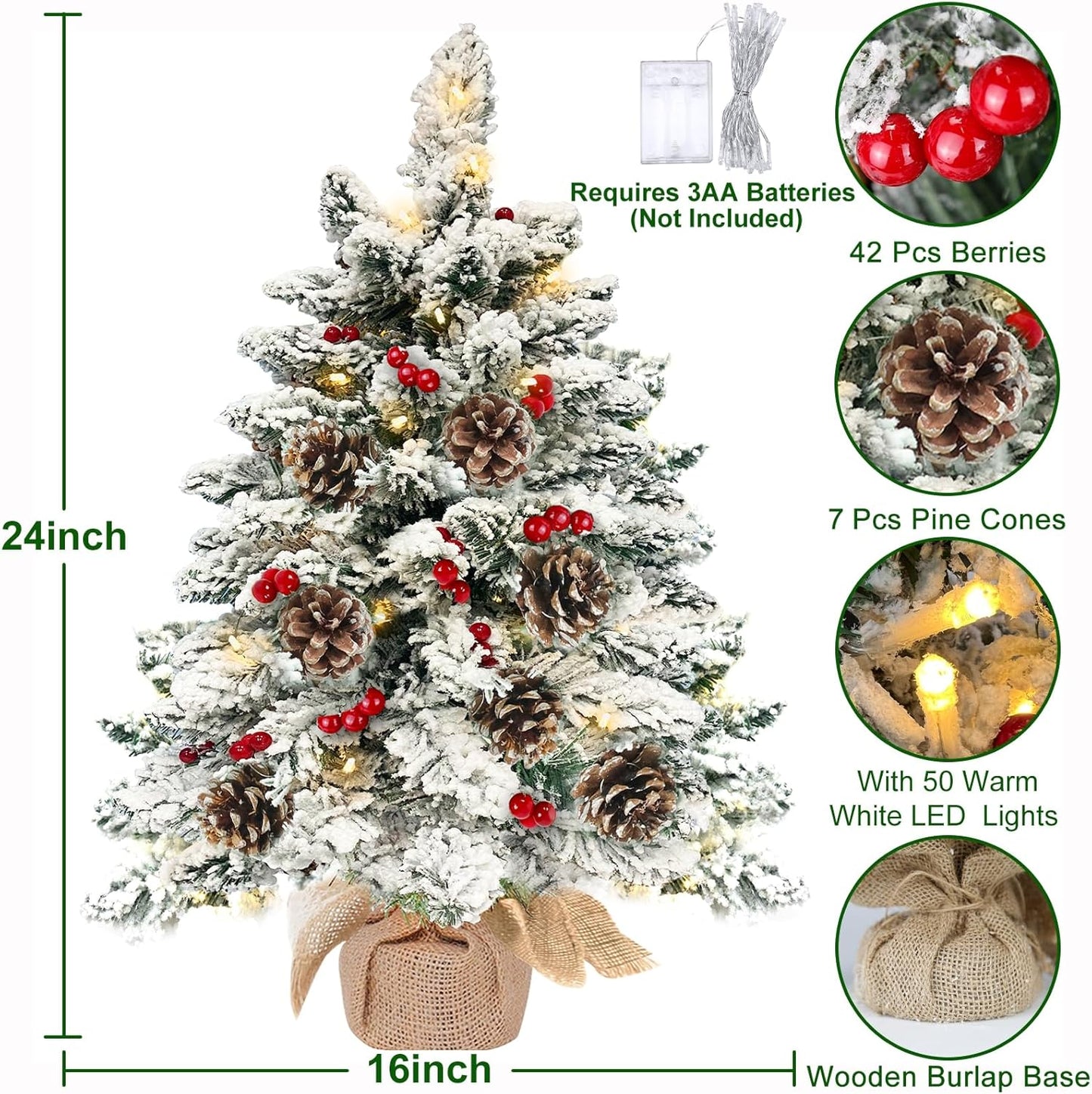 TURNMEON 26" Tabletop Christmas Tree with 60 Lights Timer, Snow Flocked Pre-lit Mini Small Christmas Tree Battery Operated Warm Lights 48 Red Berries 8 Pine Cones Burlap Base Indoor Xmas Holiday Decor