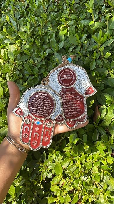Hamsa Wall Decor Red/Blue Evil Eye Charm Protection Amulet Home/Business Good Luck Charms in English/Hebrew Blessings