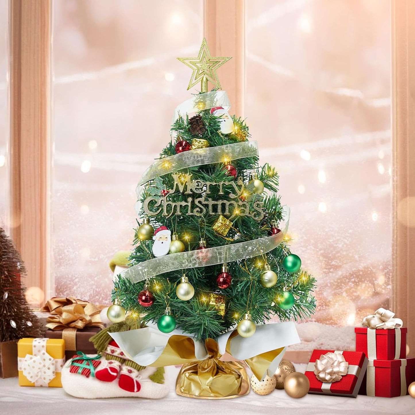 Small Mini Table top Christmas Tree with 50 LED Lights 24 Inch /2FT Little Prelit Christmas Tree Decorated Gift Boxes and Hanging Ornaments for DIY Christmas Decoration