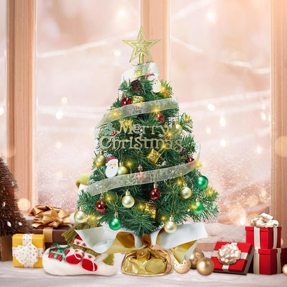 Small Mini Table top Christmas Tree with 50 LED Lights 24 Inch /2FT Little Prelit Christmas Tree Decorated Gift Boxes and Hanging Ornaments for DIY Christmas Decoration