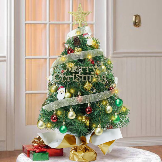 Small Mini Table top Christmas Tree with 50 LED Lights 24 Inch /2FT Little Prelit Christmas Tree Decorated Gift Boxes and Hanging Ornaments for DIY Christmas Decoration