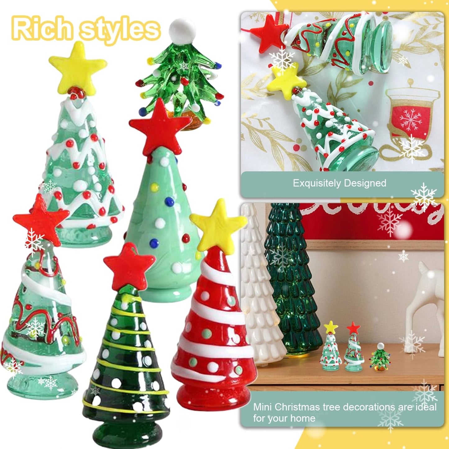 6Pieces Mini Christmas Tree 6 Style Self-Standing Tabletop Christmas Tree Decorative Colored Glass Christmas Tree for Home, Office, Mantel, Mall