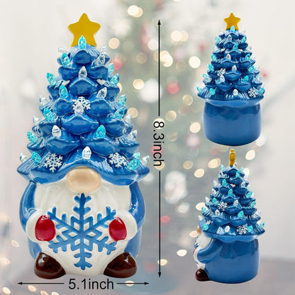 Ceramic Christmas Tree, Christmas Decorations for Indoor Home Table, Blue Gnome Christmas Decorations, Small Christmas Tree with Lights, Ceramic Winter Holidays Decor