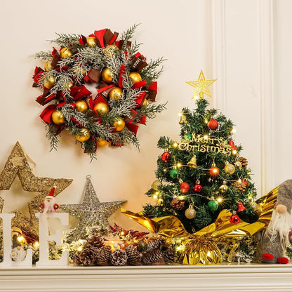XmasExp 20" Tabletop Mini Christmas Tree Set with 2 LED Lights, Star Treetop,Ornaments Balls,Bells and Pine Cones,Best DIY Christmas Decorations Green