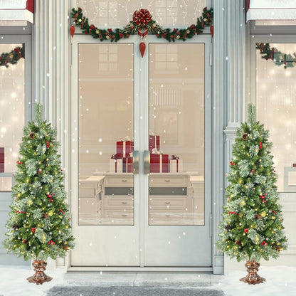 5ft Pre-lit Christmas Tree,Potted Artificial Pine Xmas Tree 300 Branches Tips,Decorated with 150 LED White Lights & 18 Red Berries & 14 Pinecone for Home or Office