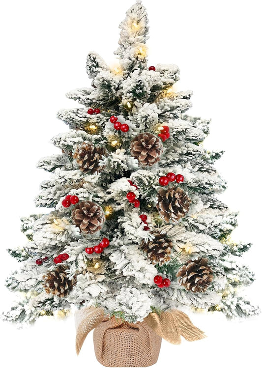 TURNMEON 26" Tabletop Christmas Tree with 60 Lights Timer, Snow Flocked Pre-lit Mini Small Christmas Tree Battery Operated Warm Lights 48 Red Berries 8 Pine Cones Burlap Base Indoor Xmas Holiday Decor