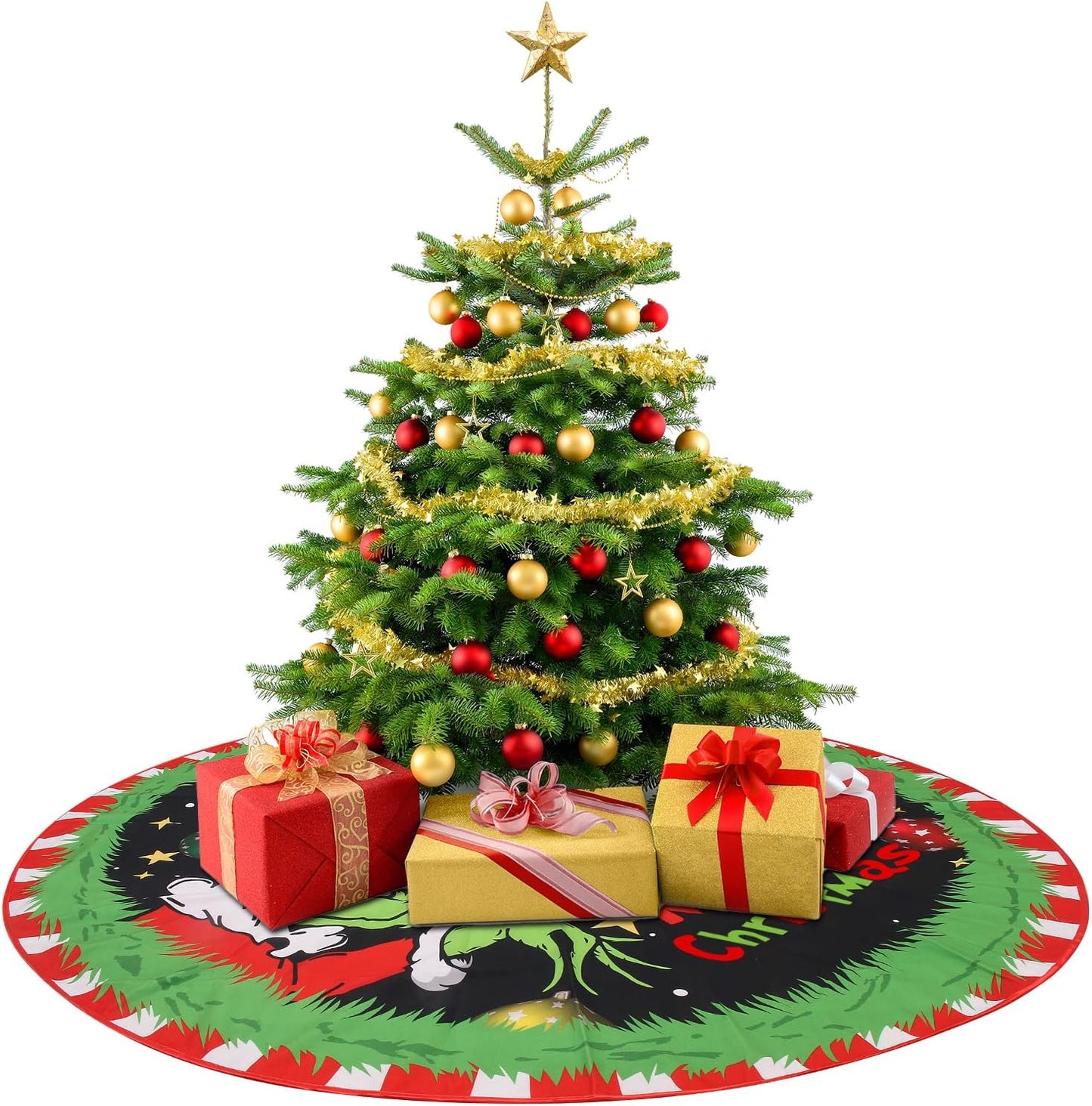 Christmas Tree Skirt 48 Inches, Red Velvet Faux Fur Trimmed Tree Collar with Snowflakes and Christmas Monsters Design for Holiday Party Decor