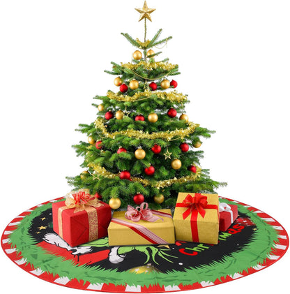 Christmas Tree Skirt 48 Inches, Red Velvet Faux Fur Trimmed Tree Collar with Snowflakes and Christmas Monsters Design for Holiday Party Decor