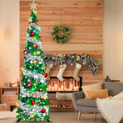 5 Ft Lighted Slim Christmas Tree with Timer Ball Ornament 100 Warm Lights Battery Powered Big 3D Star,Glitter Tinsel Pop Up Pencil Christmas Tree Decoration Indoor Outdoor(Green + Silver)