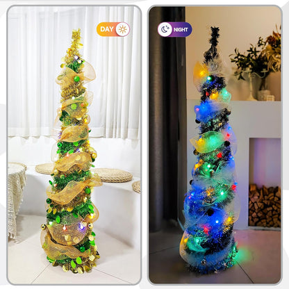 5FT Pop-Up Christmas Tree with 10-inch X 1.6 Feet Metallic Mesh Ribbon, Multi-Color 50 LED String Lights，10 Decorative Balls for DIY, Ideal for Indoor/Outdoor Christmas Decoration