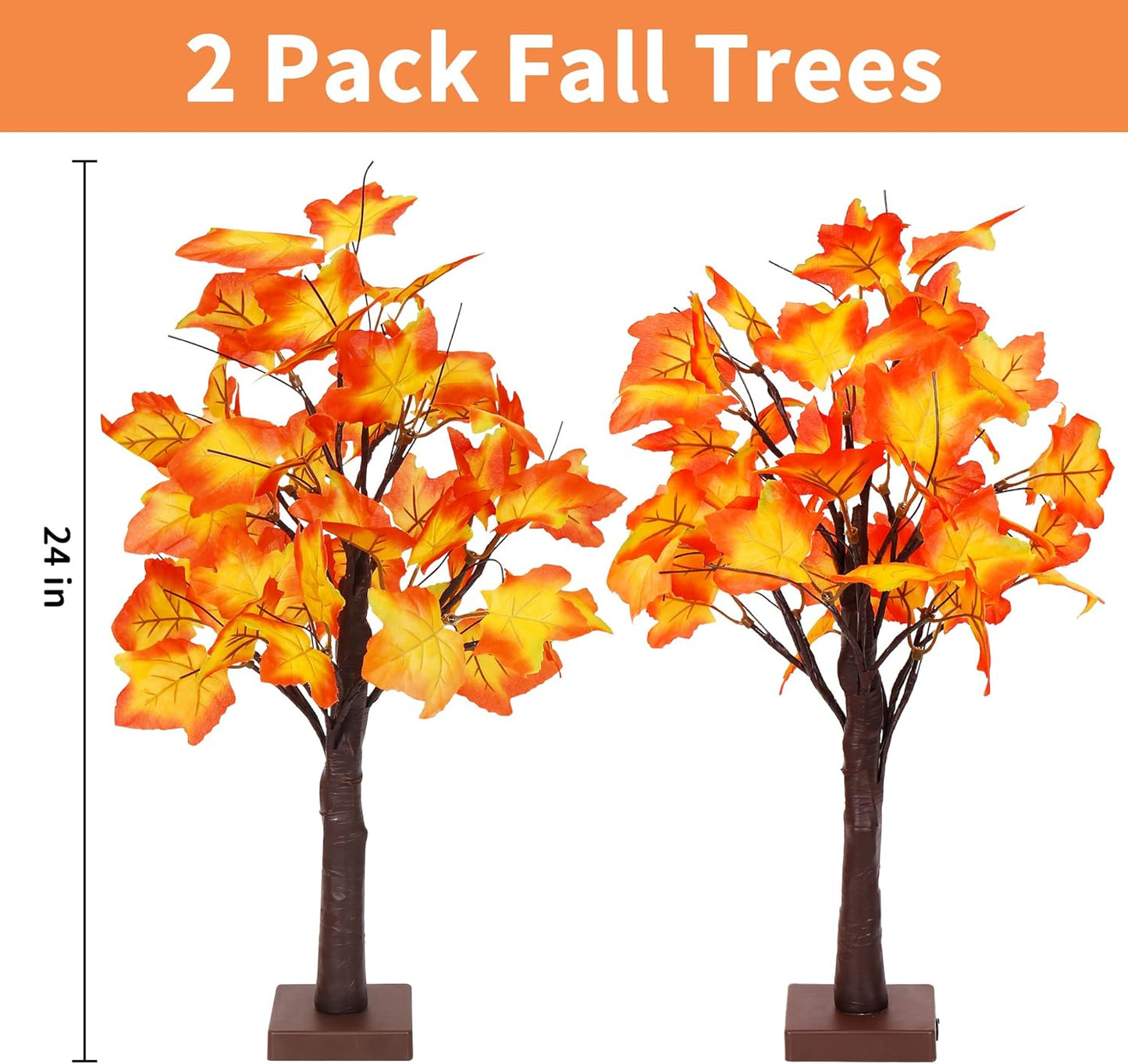 Fall Decorations for Home, 2 Pack 24”/2FT Lighted Fall Maple Leaves Tree with Warm 24 LEDs Autumn Decor, Table Fall Lighted 24 Inch Artificial Fall Ornaments Battery Powered Thanksgiving Gift