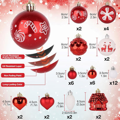 Christmas Tree Ornaments,40ct Christmas Ball Decoration Set,11 Different Christmas Ornaments,Red and White Classic Color Christmas Tree Decorations, Shatterproof Christmas Decorations