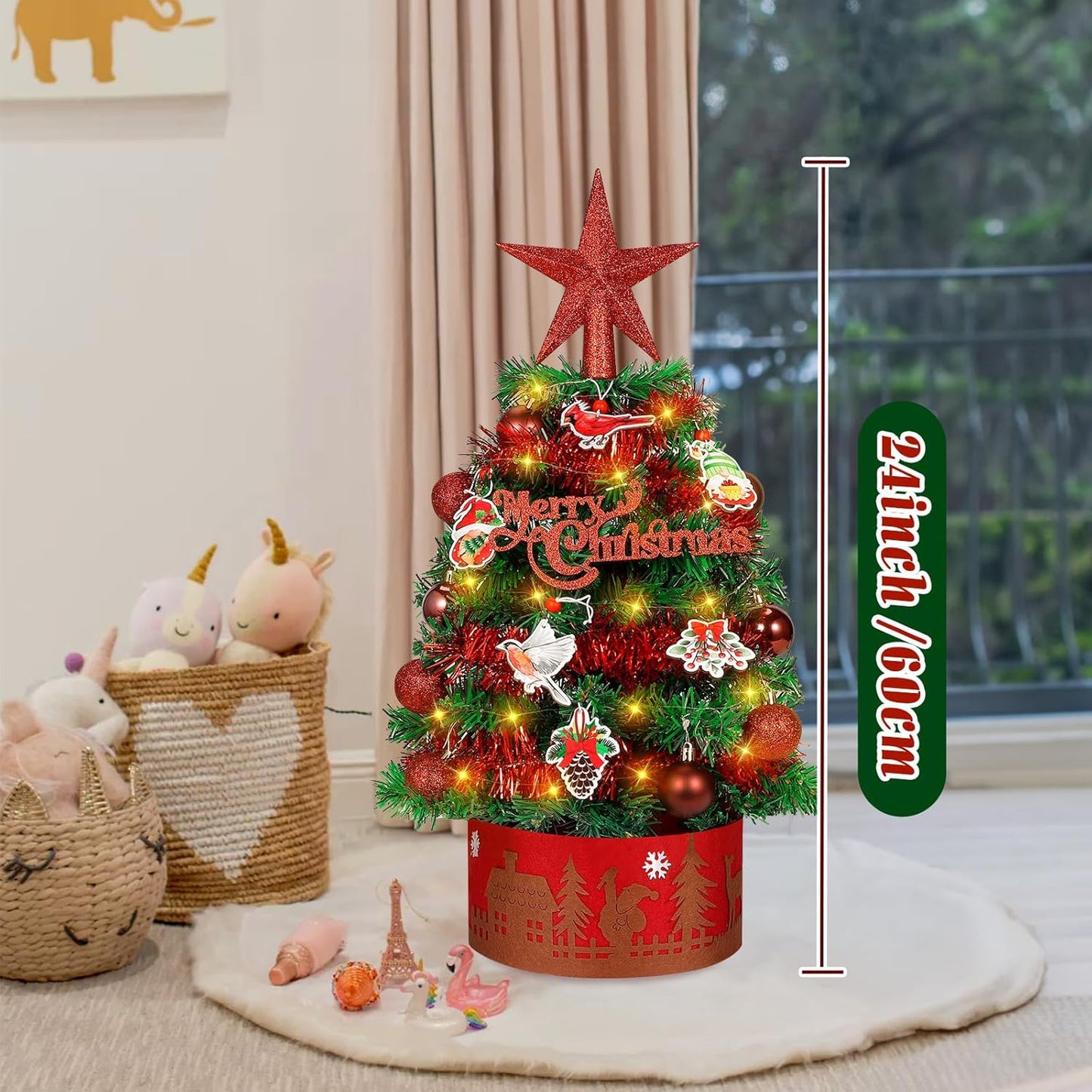 24 Inch Artificial Tabletop Mini Christmas Tree Green, Small Xmas Tree with String Lights and Ornaments for Home Desk Holiday DIY Christmas Decoration