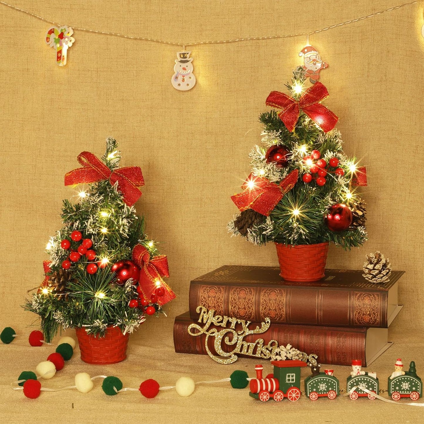 4 Pack 12 Inch Mini Christmas Trees with Lights Table Top Christmas Tree for Office in Basket Base Snowy Red Bows Berries Christmas Decorations Miniature Christmas Tree Tabletop Desk Home Decor