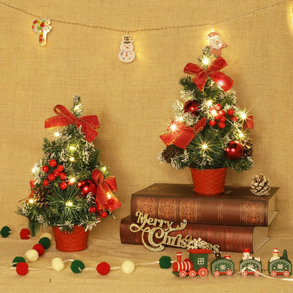 4 Pack 12 Inch Mini Christmas Trees with Lights Table Top Christmas Tree for Office in Basket Base Snowy Red Bows Berries Christmas Decorations Miniature Christmas Tree Tabletop Desk Home Decor