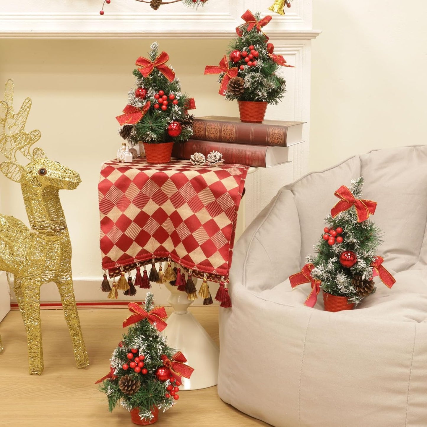 4 Pack 12 Inch Mini Christmas Trees with Lights Table Top Christmas Tree for Office in Basket Base Snowy Red Bows Berries Christmas Decorations Miniature Christmas Tree Tabletop Desk Home Decor