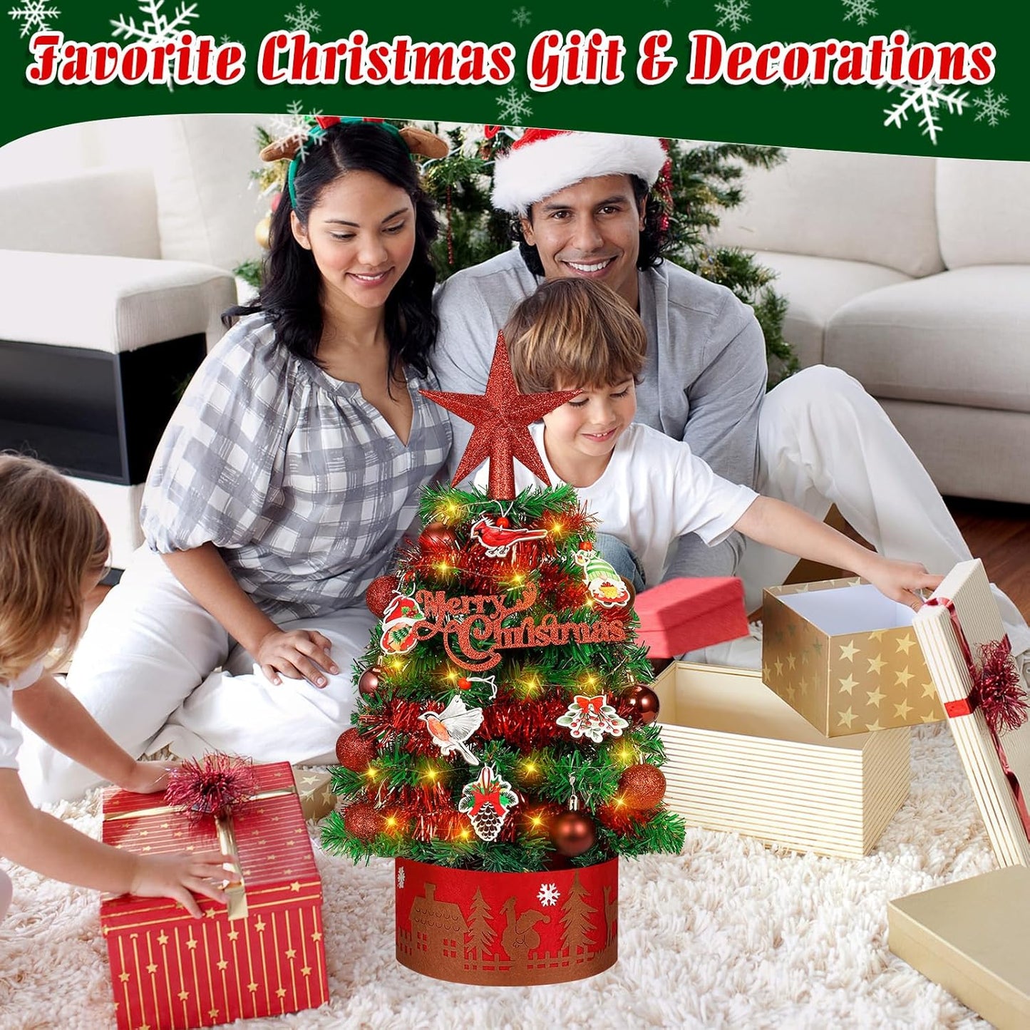24 Inch Artificial Tabletop Mini Christmas Tree Green, Small Xmas Tree with String Lights and Ornaments for Home Desk Holiday DIY Christmas Decoration