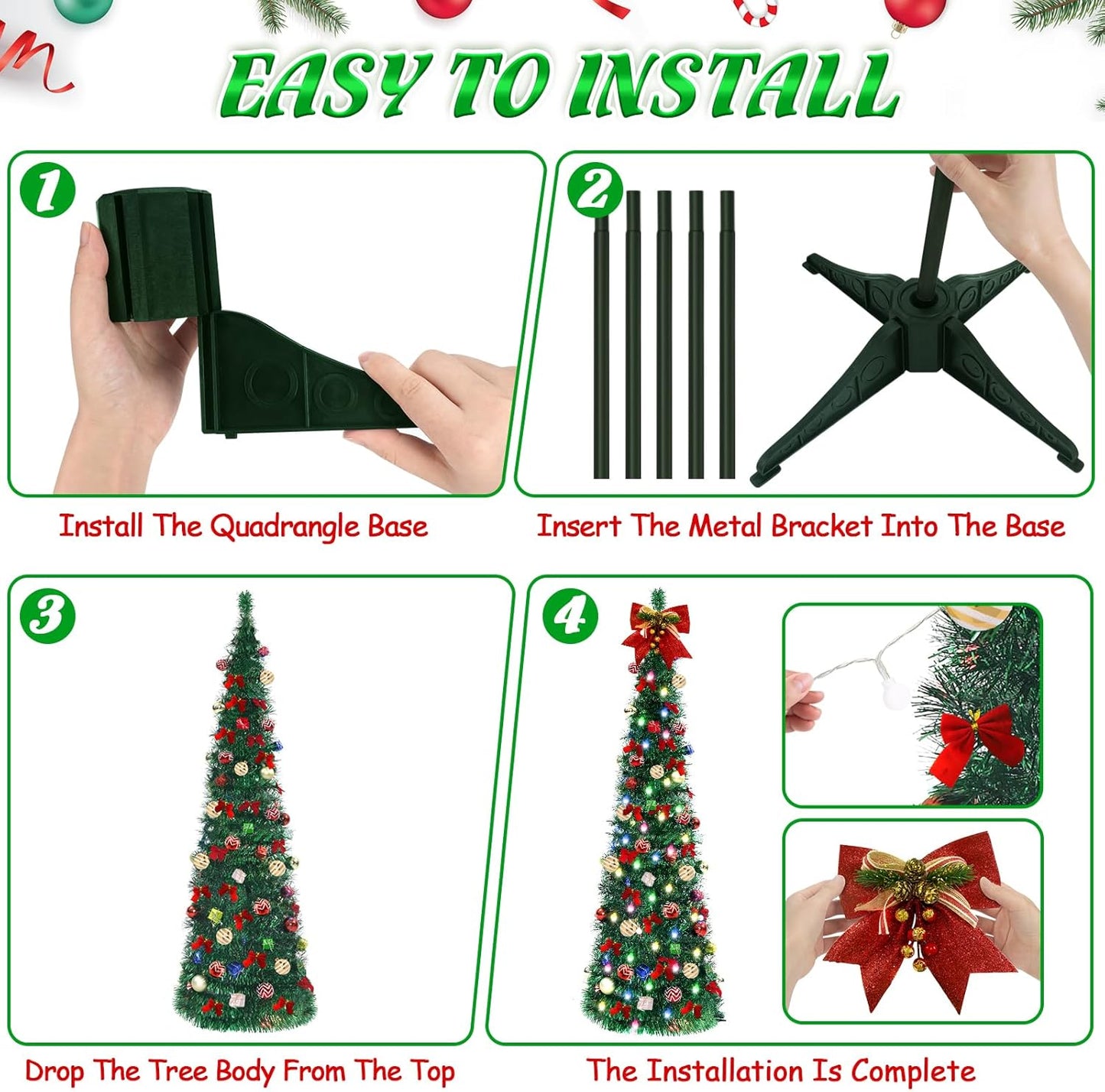 FHOZGECY Pop Up Christmas Tree, 5FT Collapsible Christmas Tree with 30 LED Multicolor Lights, Tinsel Pencil Christmas Tree with Ball Bowknot Gift Box for Indoor, Party, Xmas, Home,Office Decor