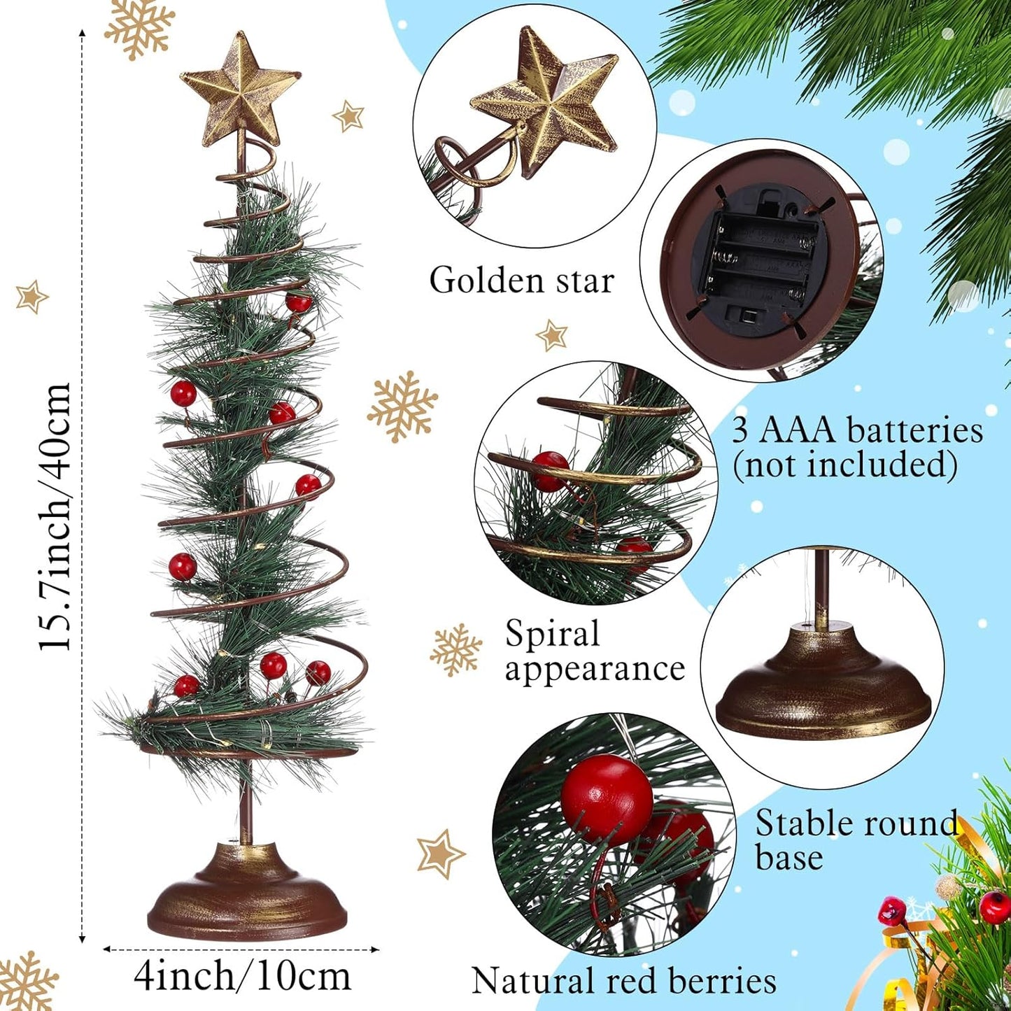 Set of 2 Lighted Christmas Tree Table Decoration with Golden Star Spiral Battery Operated Tabletop Prelit Mini Xmas Tree with LED Light up Desk Ornament for Home Mantel Room (Natural Style)