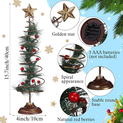 Set of 2 Lighted Christmas Tree Table Decoration with Golden Star Spiral Battery Operated Tabletop Prelit Mini Xmas Tree with LED Light up Desk Ornament for Home Mantel Room (Natural Style)