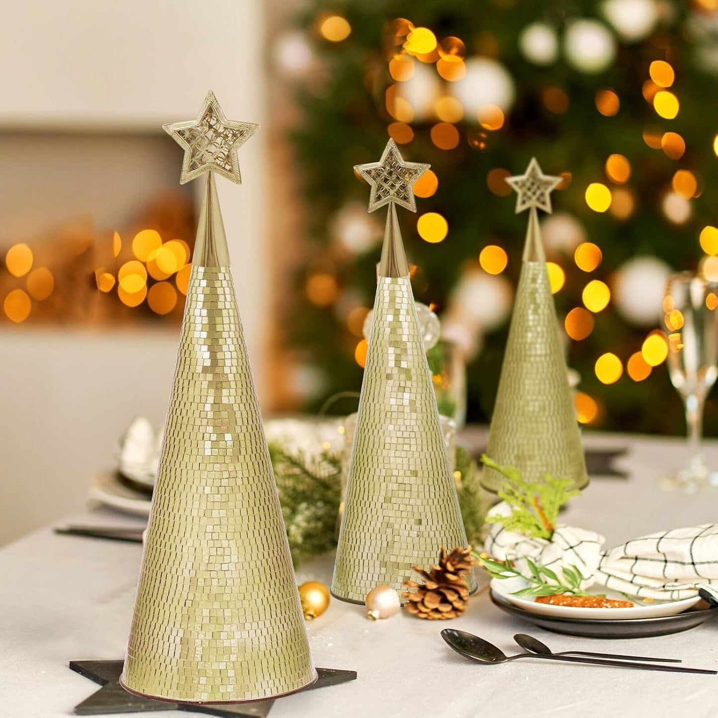 Gold Glass Trees Set of 6, 17" 15" 13" Small Tabletop Christmas Tree Handmade Disco Decor for Xmas Table Party Centerpiece Decoration